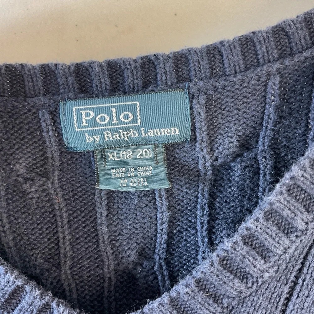 Ralph Lauren Boy's Polo Cable Knit Navy Sweater Vest Cotton Pony Size XL 18-20